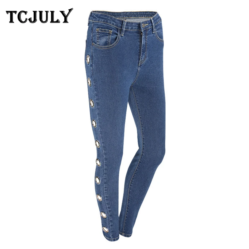 TCJULY 2018 Autumn Winter New Hollow Out Blue Jeans For Women Sequined Hole Skinny Slim Push Up Pencil Pants Casual Denim Jeans