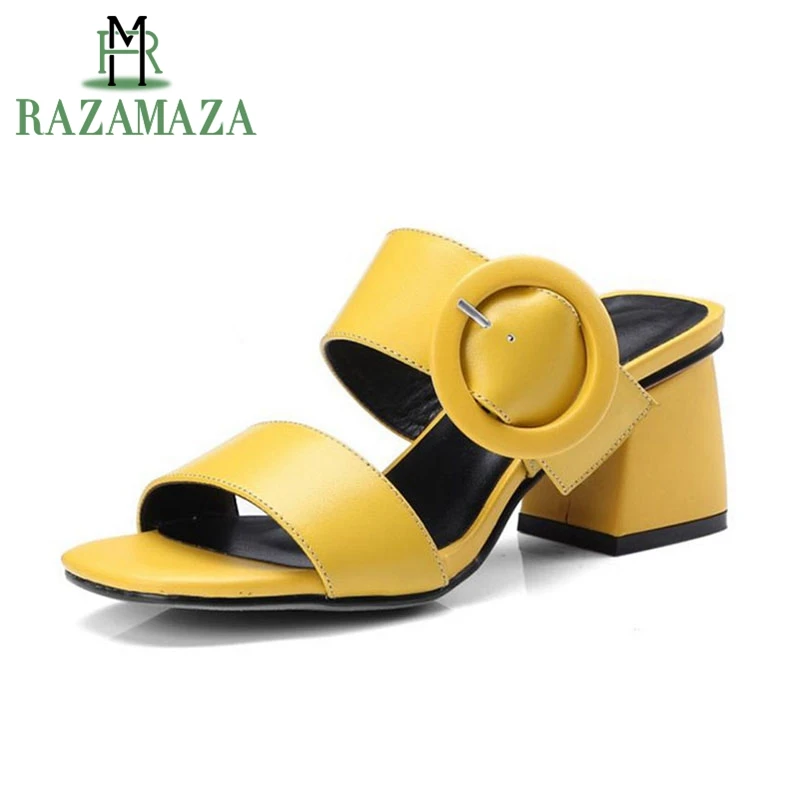 

RAZAMAZA Simple Women Genuine Leather High Heel Sandals Metal Buckle Square Toe Thick Heel Sandals Vacation Shoes Size 33-40