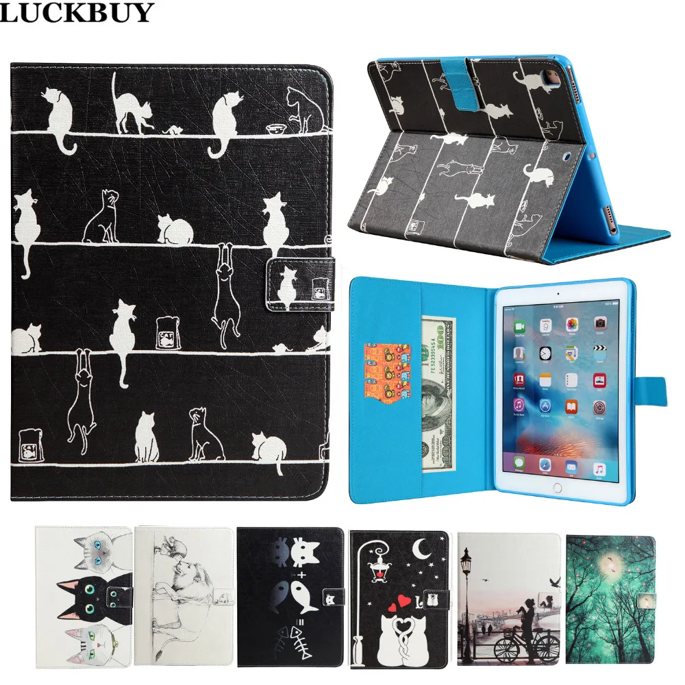 

LUCKBUY New for Apple iPad 6 Cases Covers Silk Pattern Cats Stand Wallet Flip PU leather Silicon Case For Apple iPad Air 2 Case