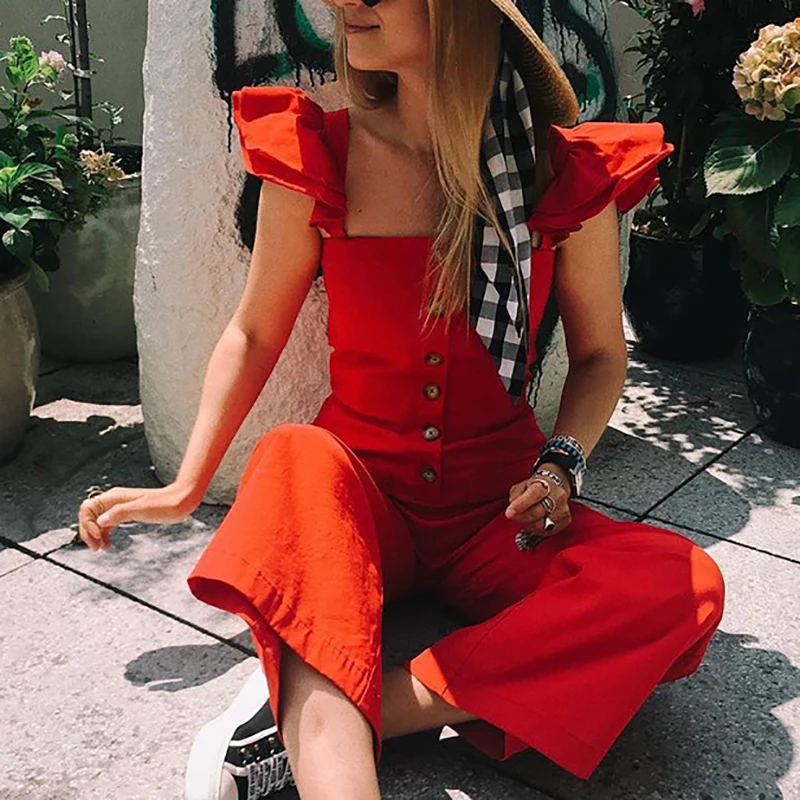 red sleeveless jumpsuit