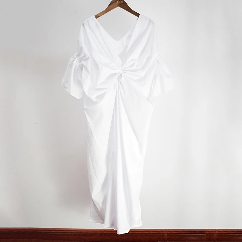 XITAO корейское женское платье средней длины со складками сзади размера плюс, однотонное платье с расклешенными рукавами и v-образным вырезом, женские вечерние платья, летнее новое модное платье HJF019