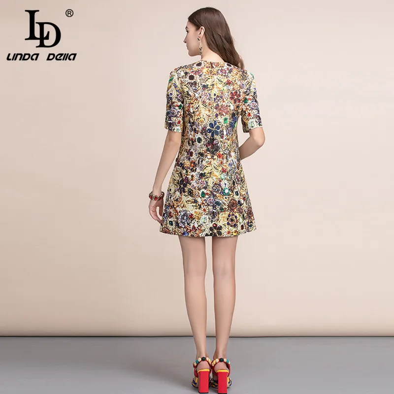 LD LINDA делла, модное подиумное летнее платье, женское платье с коротким рукавом, великолепное платье с кристаллами и бусинами в стиле ретро, винтажное платье трапециевидной формы с принтом