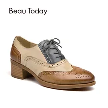 BeauToday/оксфорды; женская обувь из натуральной кожи; обувь с перфорацией типа «броги» на шнуровке с круглым носком; смешанные цвета; обувь из овечьей кожи на не сужающемся книзу массивном каблуке; 15116