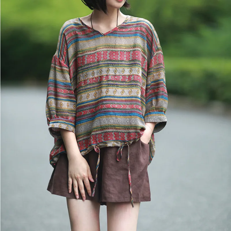 

Johnature 2019 New V-Neck Striped Three Quarter Sleeve Button Loose Tie Tops Cotton Linen Print Autumn 3 Colors Women T-Shirts