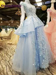 CloverBridal Высокая шея cap рукава длинные синие женские модельные элегантные пикантные Иллюзия Назад со стразами цепи кружева 3D цветы