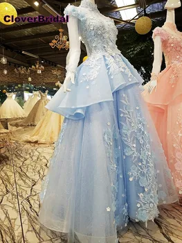 

CloverBridal high neck cap sleeves blue long women dress elegant sexy illusion back with rhinestones chains lace 3D flowers