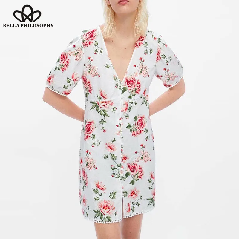 Summer Print Floral Mini Dress Vintage Short Sleeve Female Sexy Boho Dress Casual Holiday Lady V-Neck Sexy Dress Wonder Store