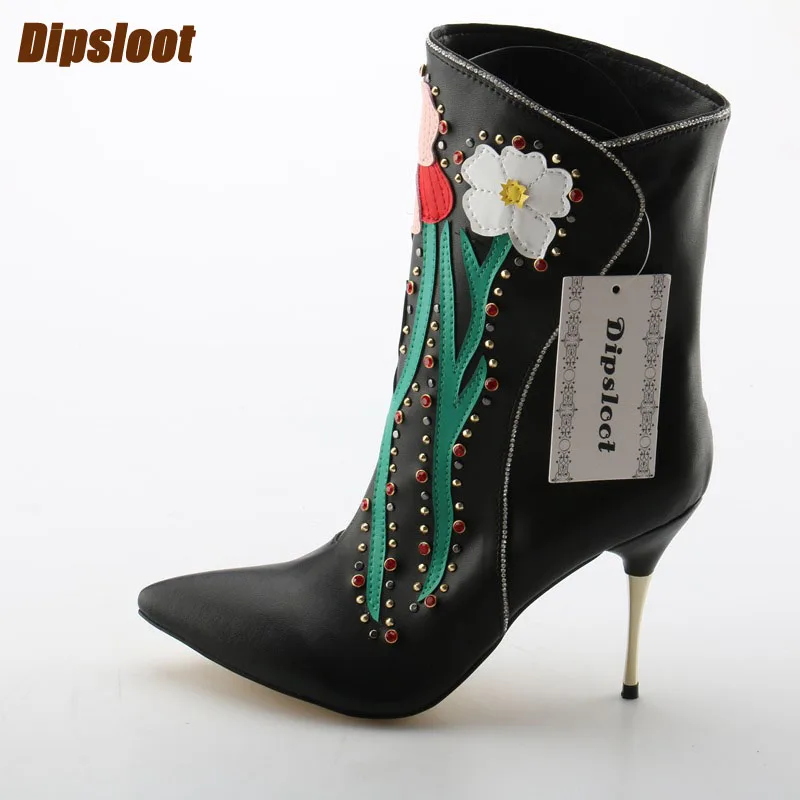 

2018 Hot Smooth Leather Women Slip On Ankle Boots Multi Color Appliques Ladies Rivets High Heel Boots Knight Style Fashion Boots
