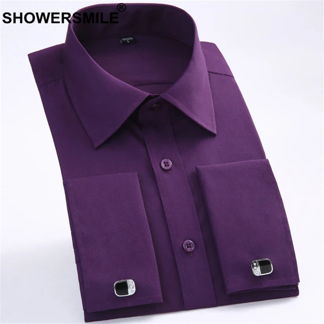 SHOWERSMILE French Cuff Shirts Mens Purple Dress Shirt Regular Fit Cotton Spring Summer Formal