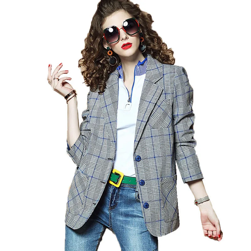 

Women Suit Jacket 2019 Spring Autumn New Fashion Casual Plaid Suit garb Female Long-sleeved Lapel Elegant Female Suit Coats N158