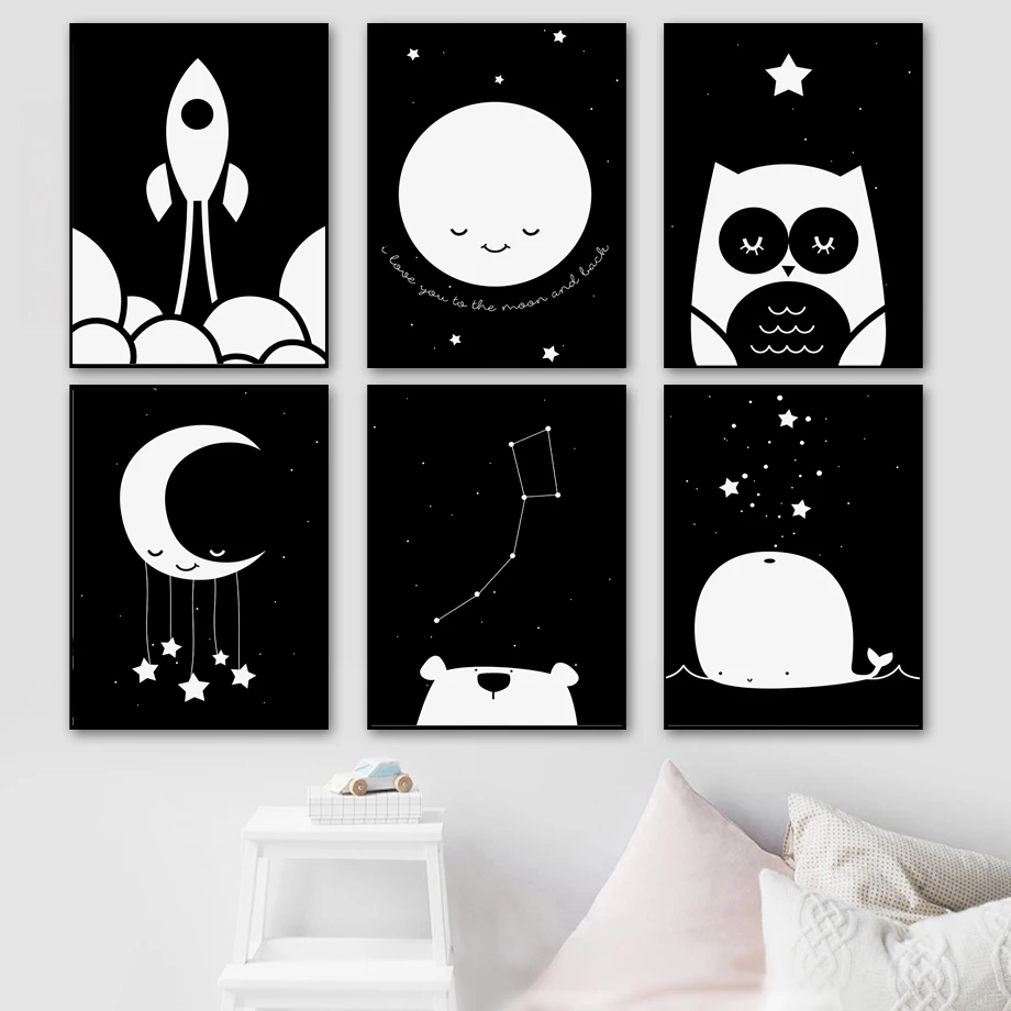 

Moon Sun Star Rocket Bear Whale Owl Cartoon Wall Art Canvas Painting Nordic Posters And Prints Wall Pictures Kids Room Decor