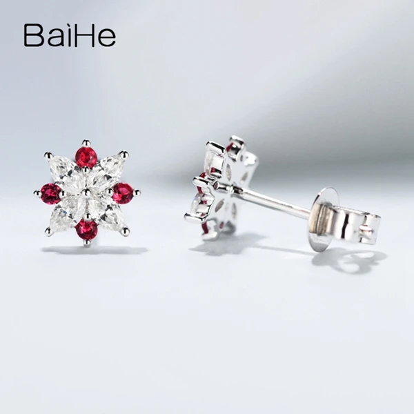 BAIHE Solid 14 К белого золота 0.38CT H/SI маркиза 100% из натуральной со стразами Свадебные Мода Fine Jewelry Элегантный серьги-гвоздики