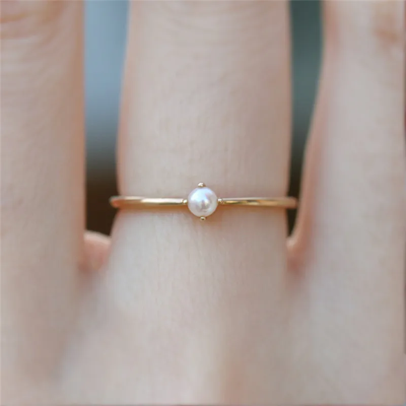 

BOAKO Luxury Women Mini Simulated Pearl Ring Small Thin Rings Gold Color Crown Ring For Wedding Slim Ring anillos mujer