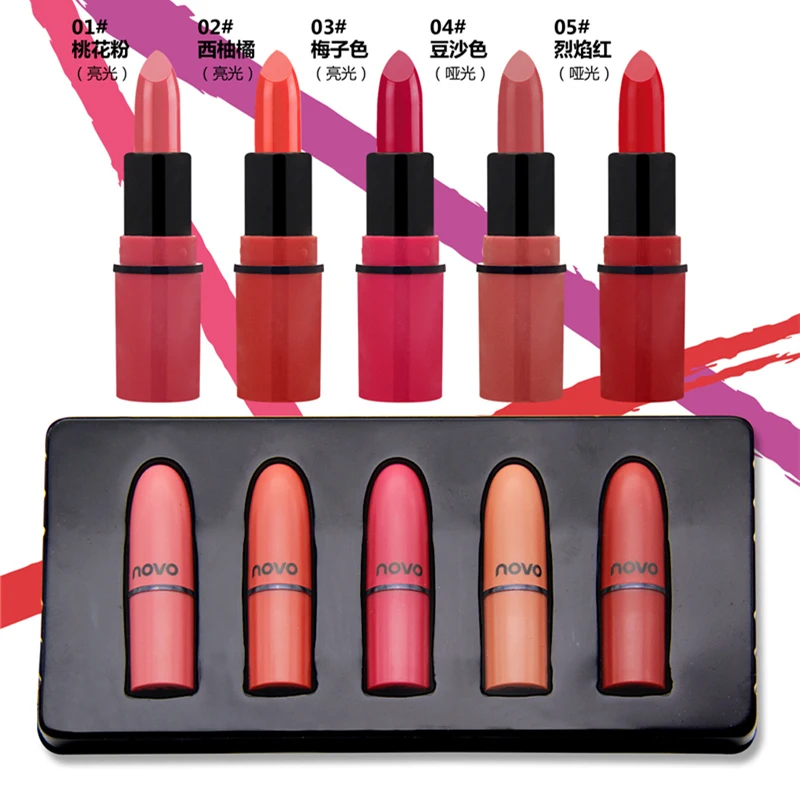 5pcs/lot NOVO Lip Makeup Mini Lipstick Set Matte and Glossy Moisturizer Lip Stick
