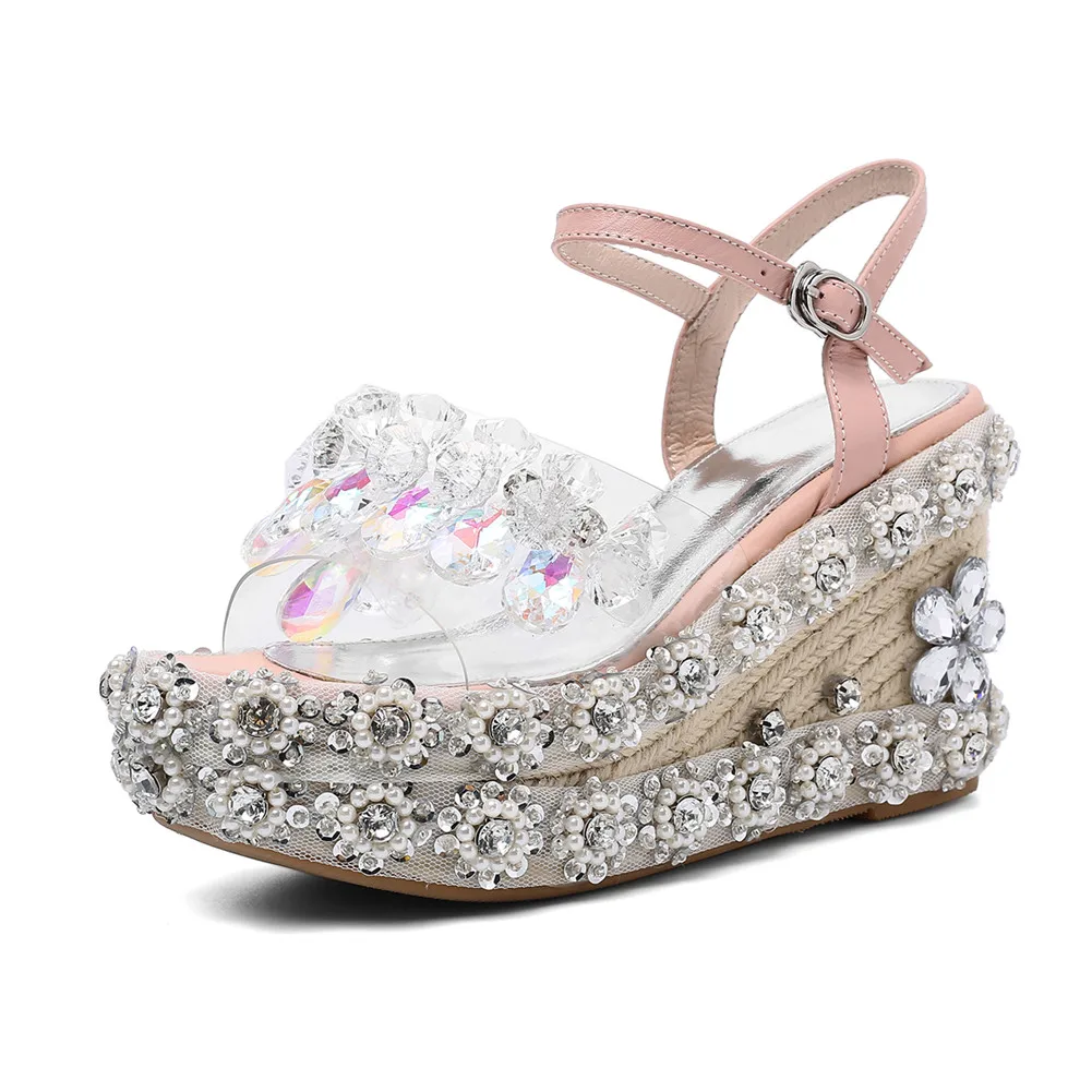 DORATASIA/Новинка; модные роскошные летние босоножки со стразами; коллекция года; женская обувь на танкетке и высоком каблуке; женские повседневные сандалии для вечеринок - Цвет: pink sandals