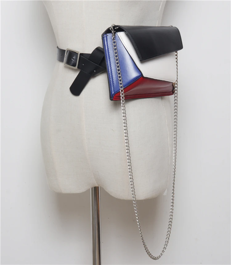 

2019 Summer PU Leather Patchwork Waist Belt WIth Bag Paris Fashion Women Chain Chest Bag Street Fanny Packs Women Waist Bags