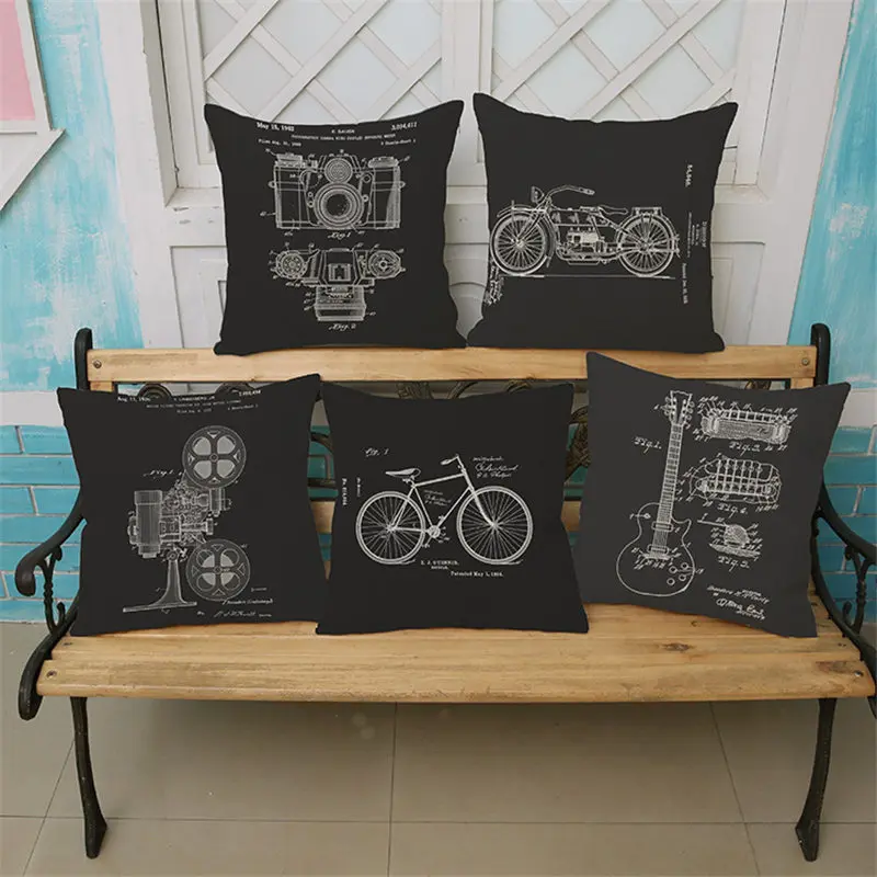 Black and white bicycle guitar Cushion Cover Decorative Pillowcase Chair Seat Square Car Pillow Cover Home Living Textile BZ-150