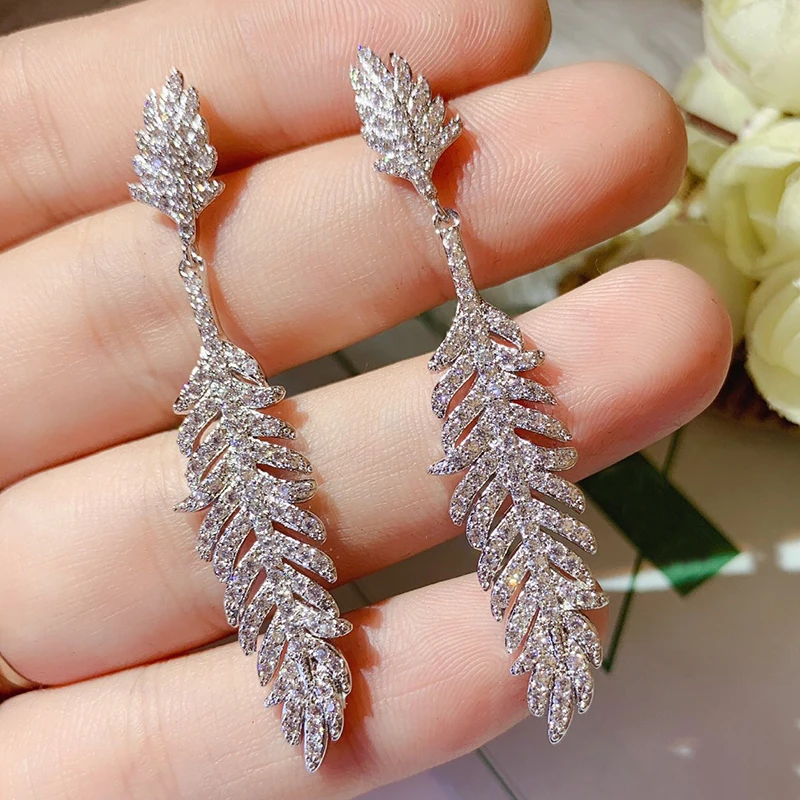 

New Arrival Hotsale white Gold color cubic zircon micro paved elegant leaf earring for women christmas gift