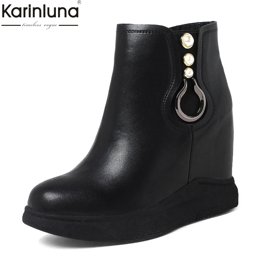 

KARINLUNA 2018 Brand New Genuine Leather Zip Up Platform Ankle Boots Woman Shoes Add Fur Winter Boot Female Shoes Woman
