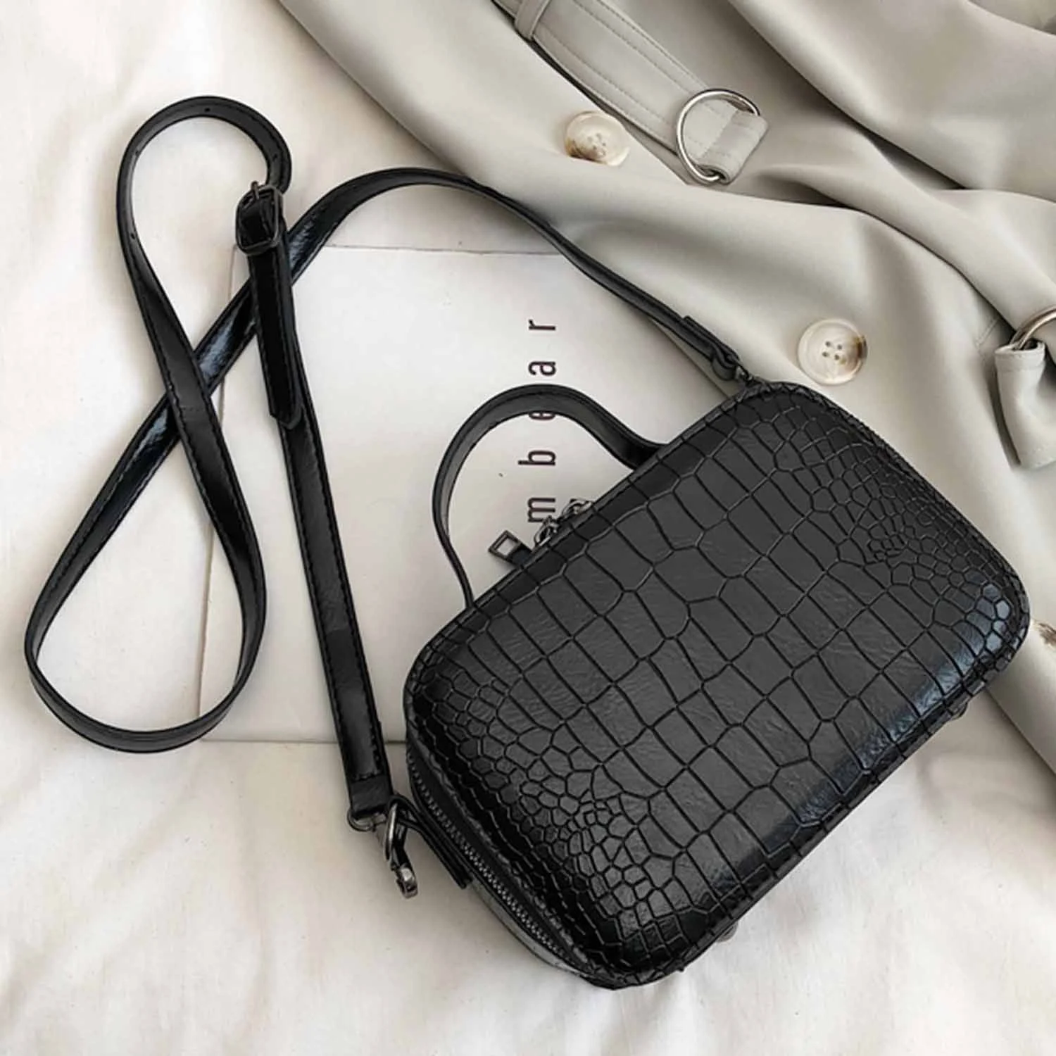 

AUAU-Stone Pattern Crossbody Bags For Women Fashion Small Solid Colors Shoulder Bag Female Handbags And Purses With Handle(Bla