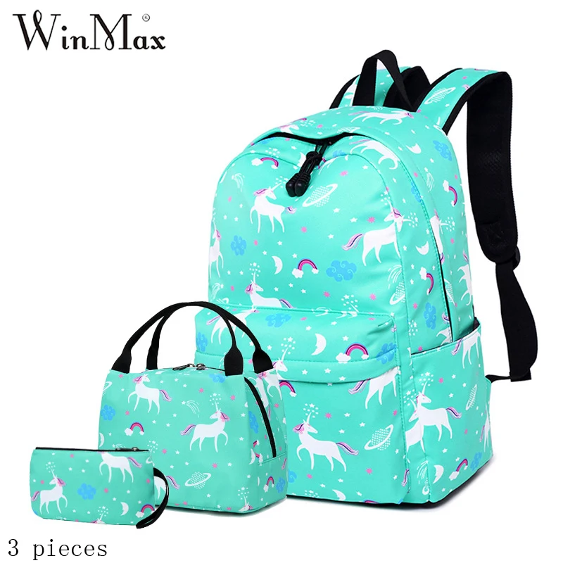 Winmax, водонепроницаемый нейлоновый школьный рюкзак для девочек-подростков, женский рюкзак, комплект из 3 предметов, единорог, Mochila Escolar, портфель - Цвет: light green
