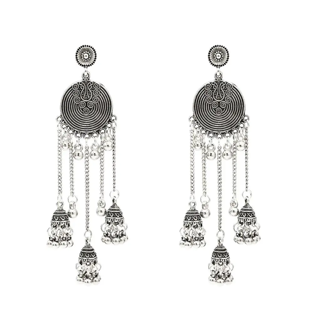 Новые модные эффектные серьги в стиле бохо Jhumka lLong серебристые виде