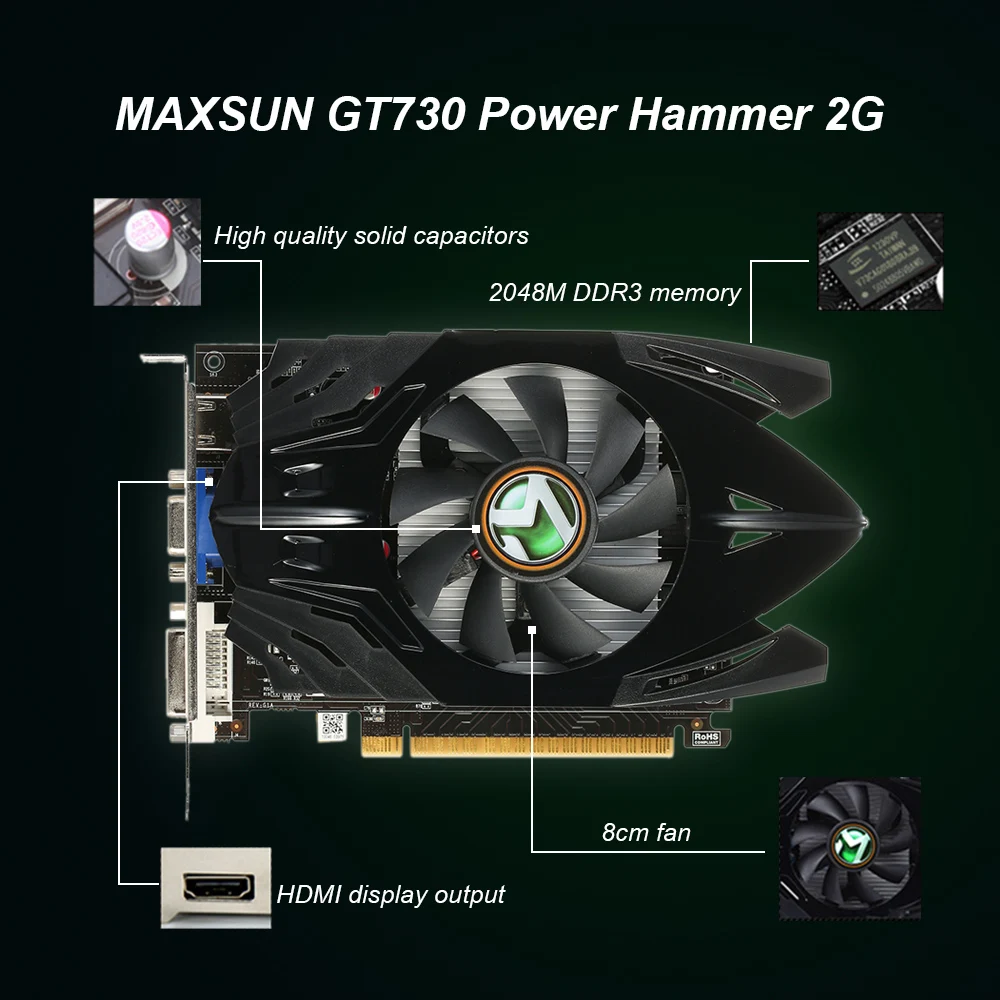 Игровая видеокарта MAXSUN GeForce GT730 power Hammer 2G для компьютера 902 МГц/1600 МГц 64 бит GDDR3 PCI-E HDMI+ DP+ DVI порт