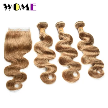 

Wome Brazilian Body Wave Human Hair Weave 3 Bundles With Closure #27 Honey Blonde Color Hair Double Weft 10"-24inch Non-remy