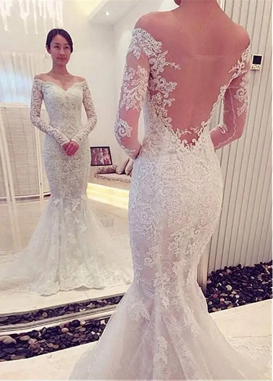 

Lace Vestido De Noiva 2019 Muslim Wedding Dresses Mermaid V-neck Long Sleeves Appliques Boho Dubai Arabic Wedding Gown Bridal