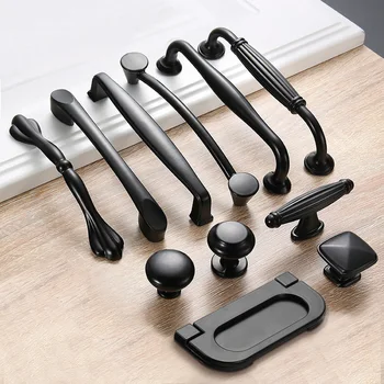 American Style Black Door Knobs And Handles For Cabinet Kitchen Cupboard Aluminum Alloy Furniture Handles Hardware Drawer Pulls