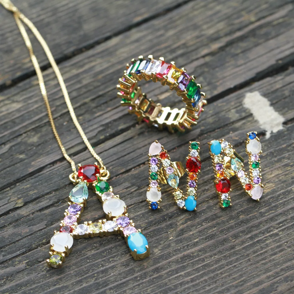 

26 letters gold color hot sale Micro Pave cubic zirconia rainbow stone Alphabets Letter Stud Earrings For Women Fashion Jewelry