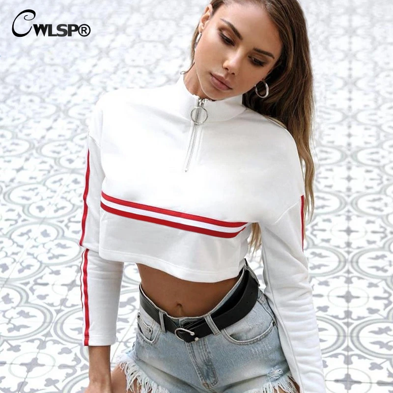 

CWLSP2018 Sexy Short Tops O Neck Sweatshirt Long Sleeve Holes Loose Women Fashion Crop Tops With Zipper Patchwork Striped QA2601