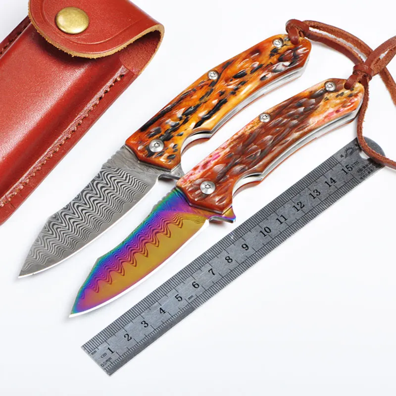 

High Quality Damascus steel blade Animal Bone handle folding knife utility tactical survival knives outdoor camping EDC tools