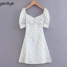 Летнее платье, женское милое платье с цветочным принтом, Дамское Платье с завязками спереди и драпированным воротником, мини-платье трапециевидной формы с коротким рукавом LJPZ8847