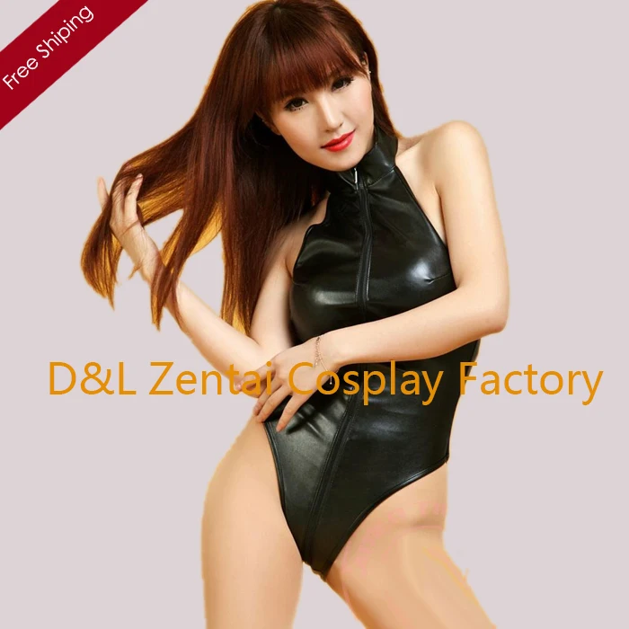 Free Shipping DHL Sexy Fancy Dress Adult Black Shiny Metallic Unitard One Piece Zentai Catsuits Front