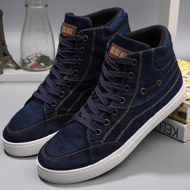 Men's denim footwear wear resistant fashion high top sneakers casual shoes men lace-up 2019 hot brand shoes black