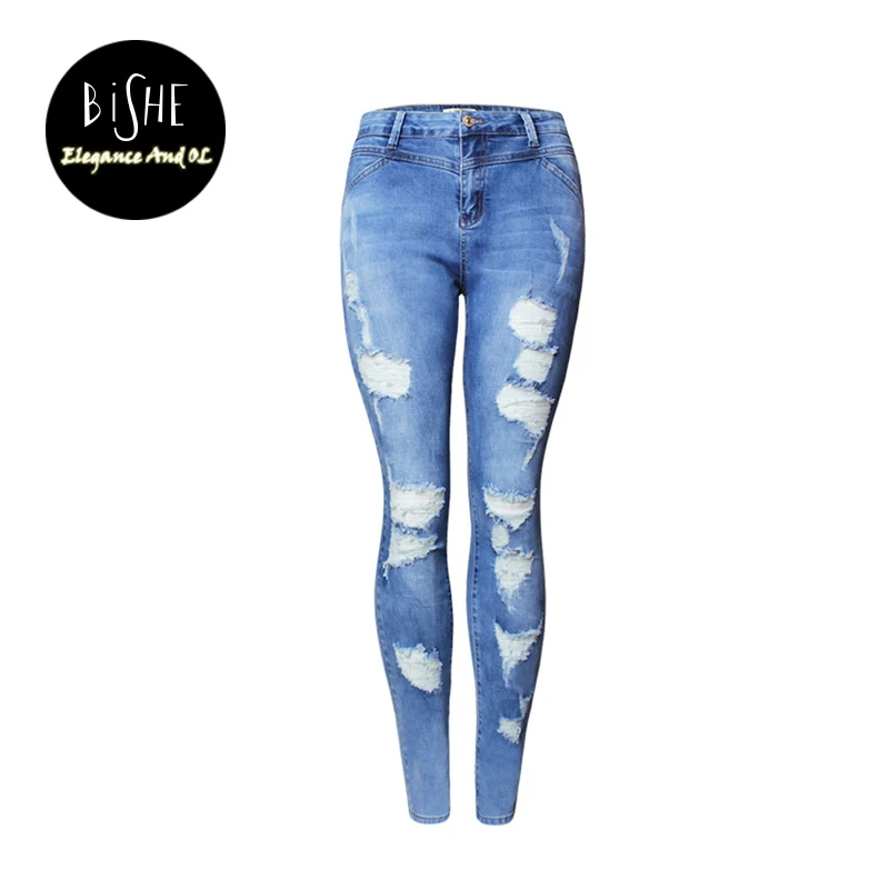

BiSHE 2017 Mid Waist Jeans Ladies Cotton Denim Penci Pants Stretch Womens Bleach Ripped Jeans Skinny Denim Jeans For Female 3XL