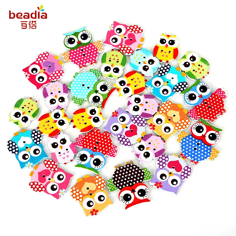 

New Single-sided Printing Wooden Button Owl Double Hole Random Color Mixing 50pcs/bag Sewing Craft Clip DIY