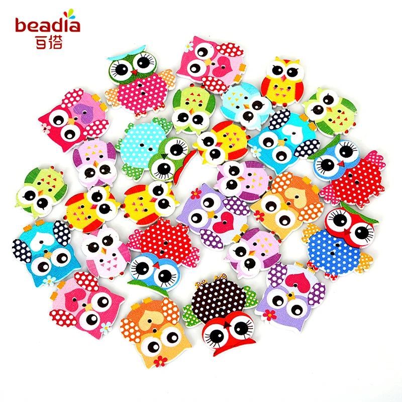 New Single-sided Printing Wooden Button Owl Double Hole Random Color Mixing 50pcs/bag Sewing Craft Clip DIY