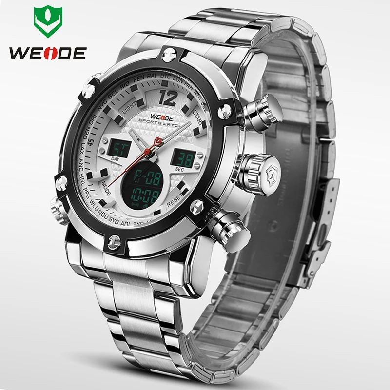 

WEIDE Brand Men's Watch Sports Men Watches Quartz Multifunction Military Analog Digital LCD Dual Display Stainless Steel Clock