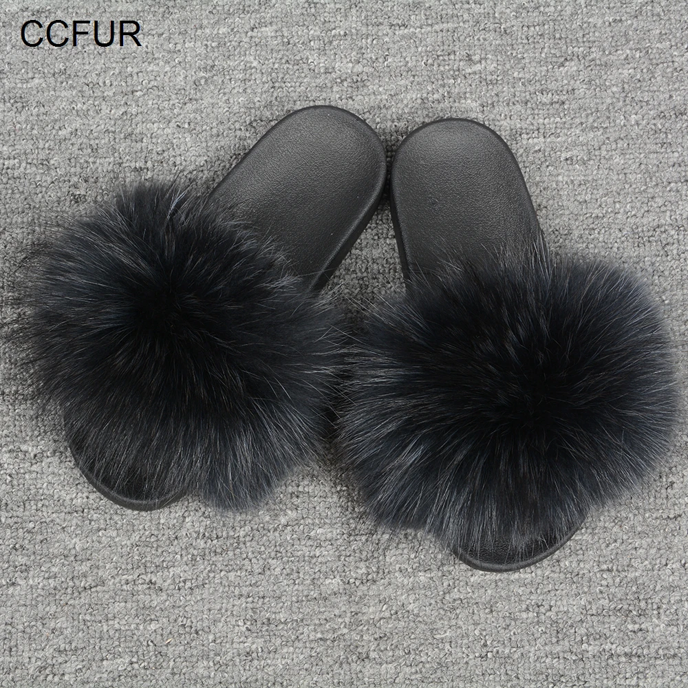 Womens Fur Slipper Real Raccoon Fur Fashion Style Furry Slides Soft Warm Big Fluffy Fur Shoes S6020E,Raccoon Black,34