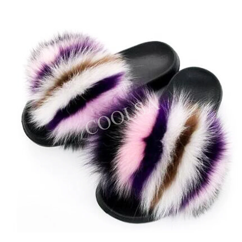 

Women's Hot Real Fox Fur Slippers Furry Fluffy Flat Soft Slides Ladies Cute Plush Vacation Flip Flops Wholesale