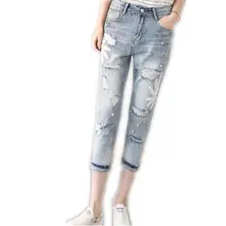 2018 новая мода уличная отверстия Для женщин до середины икры Длина брюки джинсы Высокая Талия Женский с вышивкой расклешенные