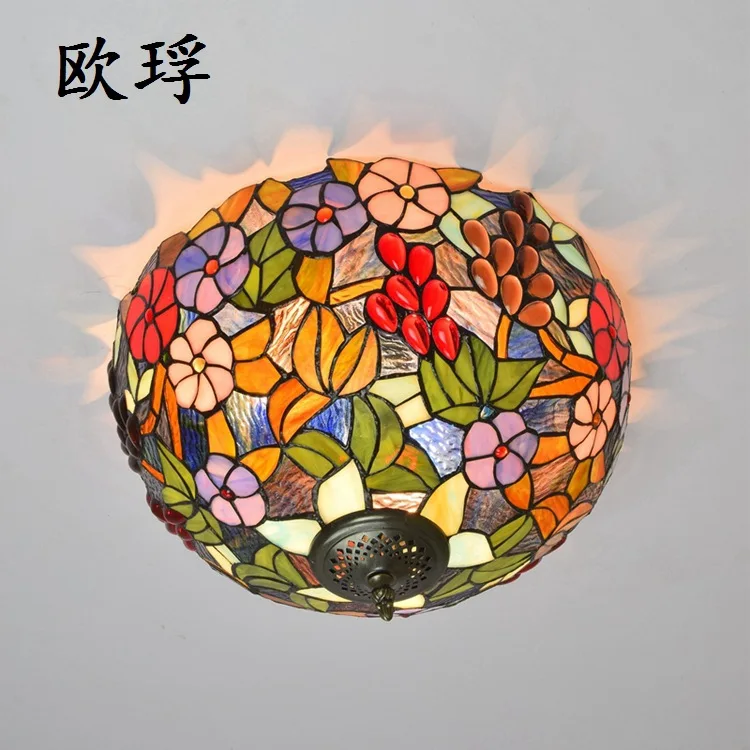 

European Baroque Pastoral Ceiling Light Tiffany Round Glass Lampshade lamparas de techo abajur E27 110-240V
