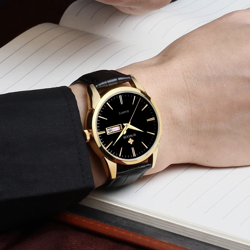 Brand Luxury Men's Watch Date Day Genuine Leather Strap Sport Watches Male Casual Quartz Watch Men Wristwatch Famous WWOOR Clock