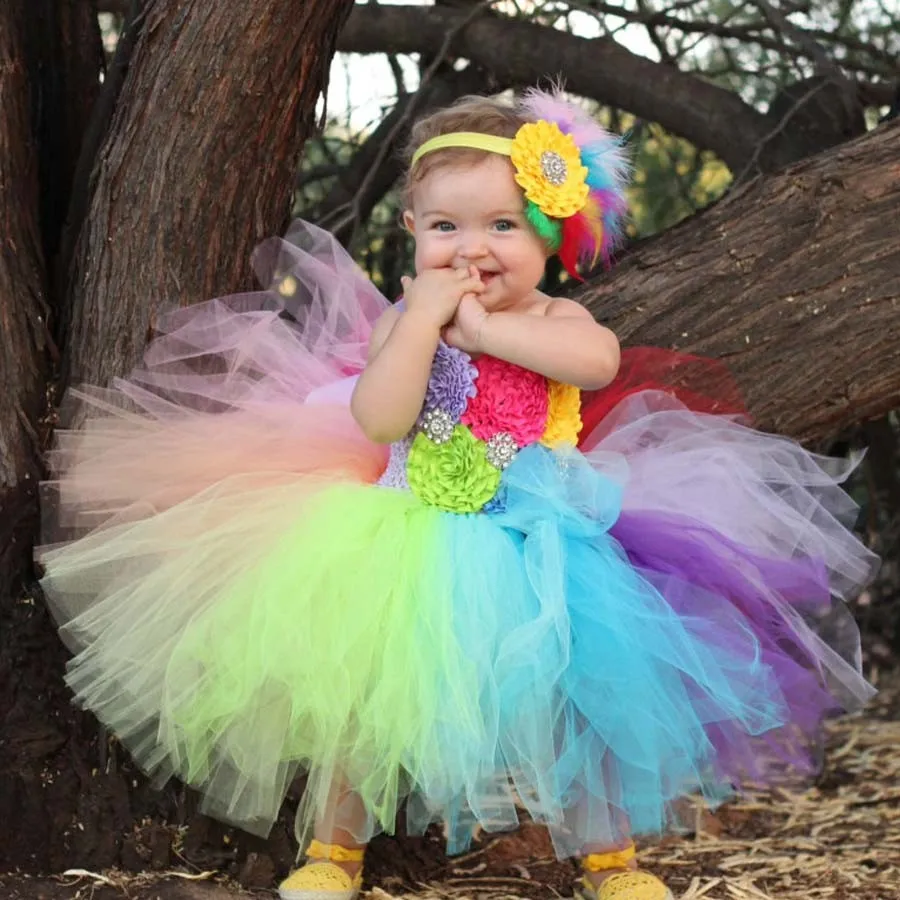 Радужное нарядное платье-пачка для маленьких девочек Пышное праздничное платье с цветами для малышей с повязкой на голову для первого дня рождения, фото костюм TS092
