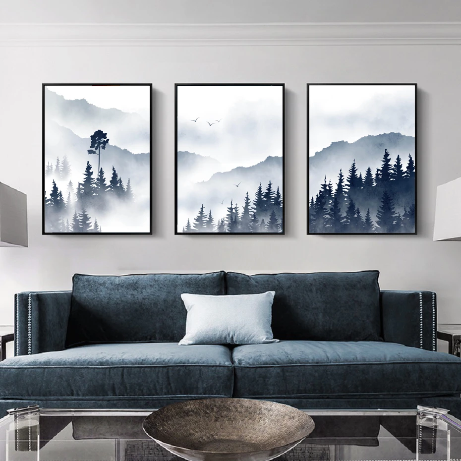 Watercolor Foggy Forest Amazing Scene Canvas Painting Poster Prints Wall Art Picture for Living Room Gallery Interior Home Decor