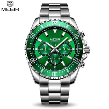 Megir Men's Green Dial Stainless Steel Quartz Watches Business Chronograph Analgue Man Wristwatch Waterproof Luminous Male Clock