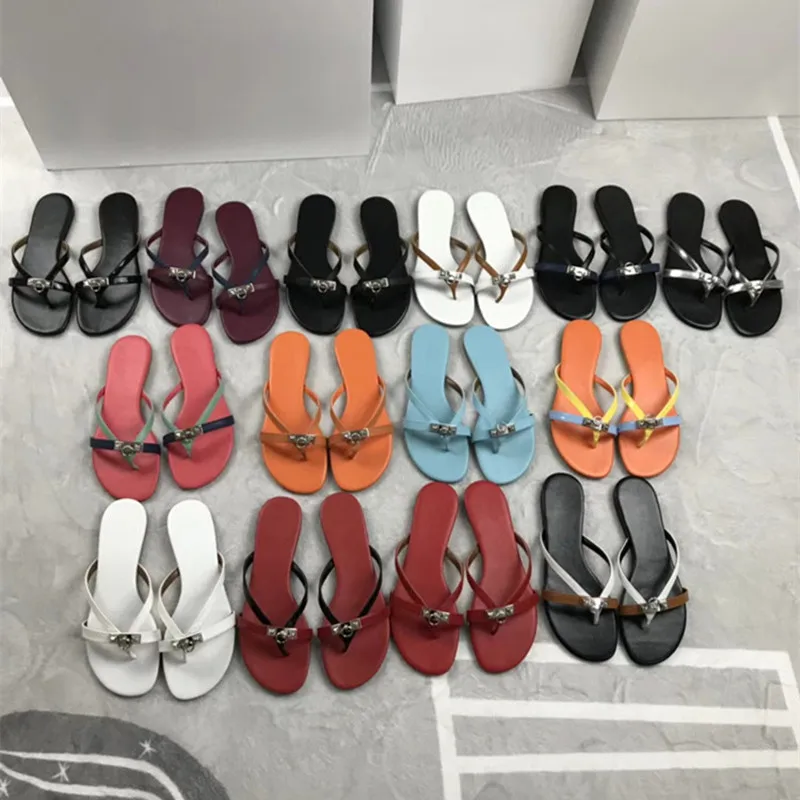 Vente D été En Cuir Véritable Flip Flops Appartements Occasionnels Femmes Sandales Boucle En Métal Pantoufles D été Dehors Chaussures Femme Mujer Diapositives