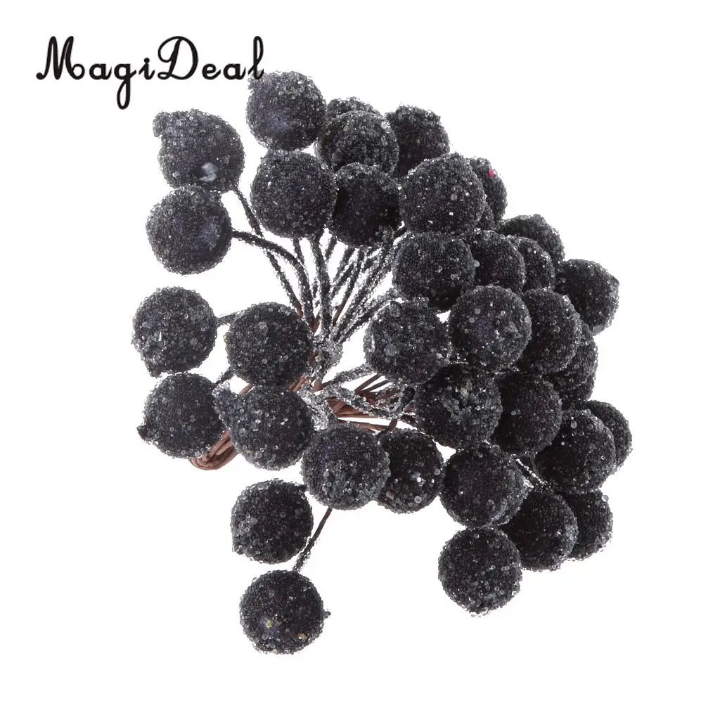 MagiDeal 200x Mini Christmas Frosted Fruit Berry Holly Artificial Flower for Home Party Decor Artificial Frosted Berries Black